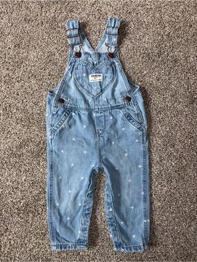 OshKosh B'gosh Light Blue Denim Overalls with Heart Pocket 12M Baby Jeans